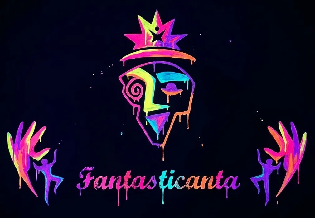 Fantasticanta logo: a crowned neon face painted in glowing UV colours, with dancing figures on each side